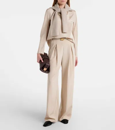 Max Mara Palude Pleated Silk-blend Wide-leg Pants In Neutral