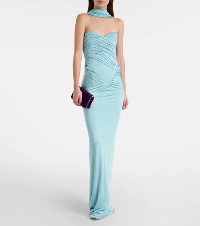 The New Arrivals Ilkyaz Ozel Samsara Draped Ruched Gown In Blue