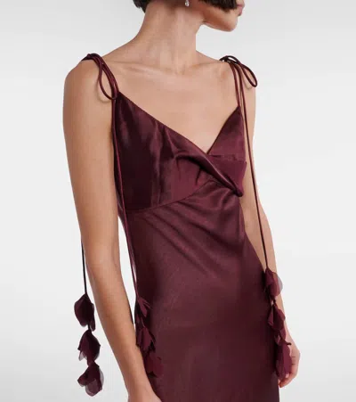 Self-portrait Bordeaux Long Dress With Knotted Shoulder Straps And Floral Details In Fabric Woman In Burgundy