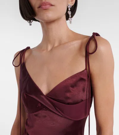 Self-portrait Bordeaux Long Dress With Knotted Shoulder Straps And Floral Details In Fabric Woman In Burgundy