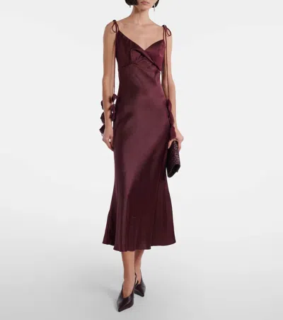 Self-portrait Bordeaux Long Dress With Knotted Shoulder Straps And Floral Details In Fabric Woman In Burgundy