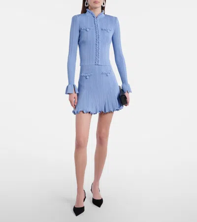 Self-portrait Beaded Ribbed-knit Miniskirt In Blue