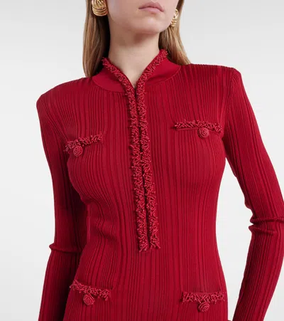 Self-portrait Button-embellished Ribbed-knit Midi Dress In Burgundy