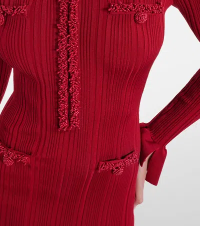 Self-portrait Button-embellished Ribbed-knit Midi Dress In Burgundy