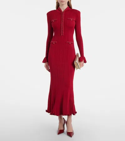 Self-portrait Button-embellished Ribbed-knit Midi Dress In Burgundy