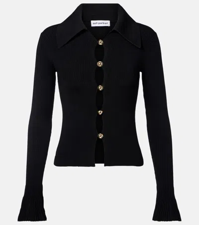 Self-portrait Ribbed-knit Cardigan In Black