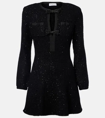 Self-portrait Bow-detail Sequined Knitted Minidress In Black