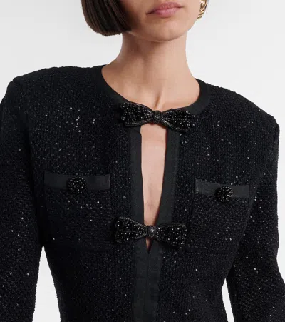 Self-portrait Bow-detail Sequined Knitted Minidress In Black