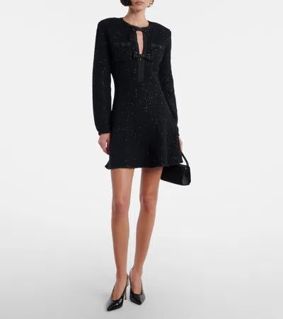 Self-portrait Bow-detail Sequined Knitted Minidress In Black
