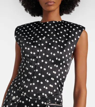 Ganni Womens Black Padded-shoulder Polka-dot Satin Corset Top
