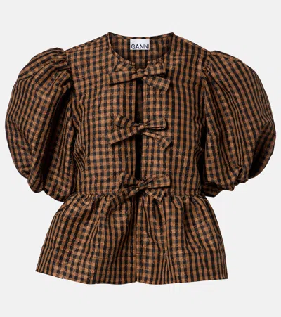 Ganni Bow-detail Checked Peplum Blouse In Brown