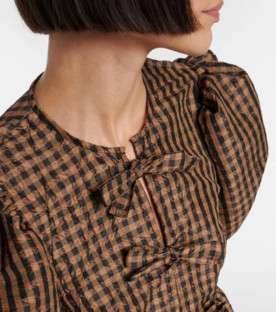 Ganni Bow-detail Checked Peplum Blouse In Brown