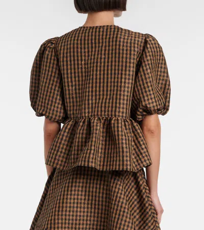 Ganni Bow-detail Checked Peplum Blouse In Brown
