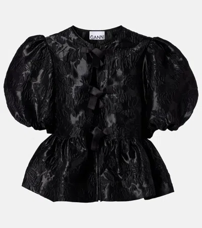Ganni Bow-detail Floral Peplum Satin Blouse In Black