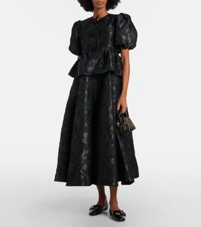 Ganni Bow-detail Floral Peplum Satin Blouse In Black