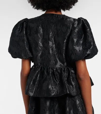 Ganni Bow-detail Floral Peplum Satin Blouse In Black