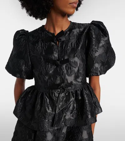 Ganni Bow-detail Floral Peplum Satin Blouse In Black