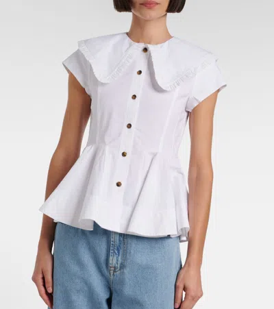 Ganni Short Cotton Shirt With Ruffles In White