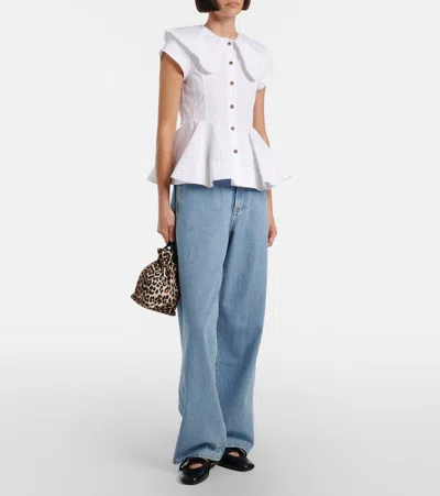 Ganni Short Cotton Shirt With Ruffles In White