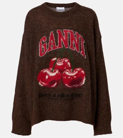 Ganni Printed Alpaca And Wool-blend Sweater In Brown
