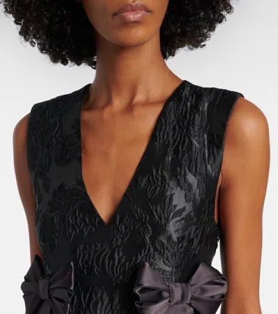Ganni Bow-detail Floral Satin Cloqué Midi Dress In Black