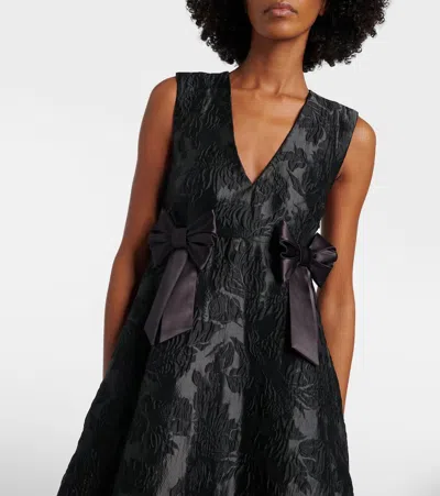 Ganni Bow-detail Floral Satin Cloqué Midi Dress In Black