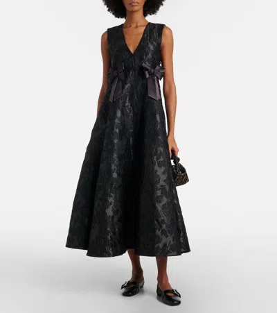 Ganni Bow-detail Floral Satin Cloqué Midi Dress In Black