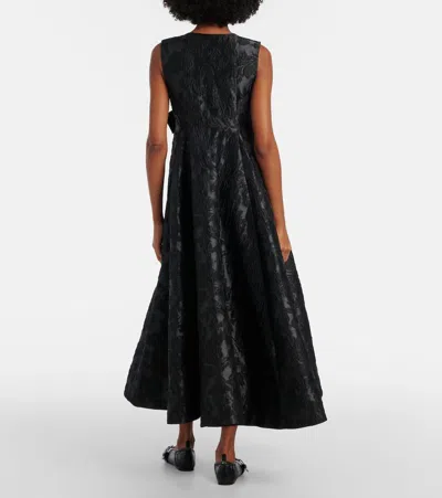 Ganni Bow-detail Floral Satin Cloqué Midi Dress In Black