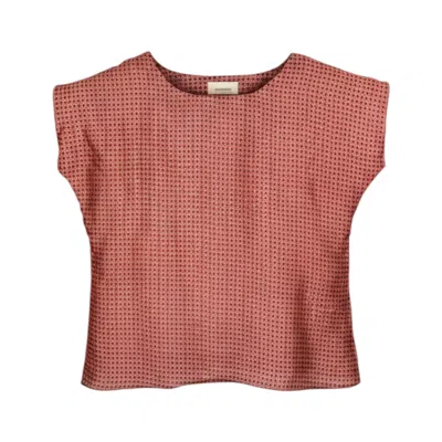 Stovaria Women's Red Short Sleeve Geometric Print Top In Luxurious Slub Silk In Multi