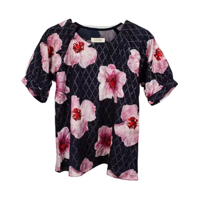 Stovaria Women's Blue / Pink Mulmul Silk Top – Soft Floral Print With Zari Stitch Detail In Black