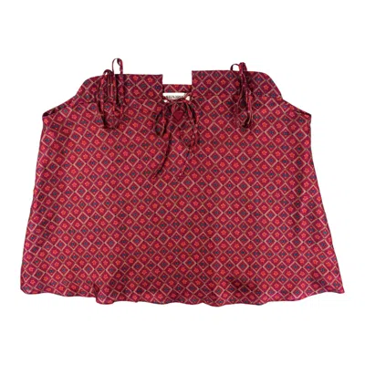 Stovaria Women's Red Handmade Slub Silk Camisole - Geometric Print Tie-front Top In Multi