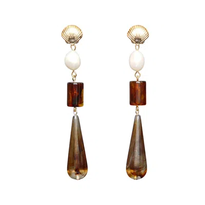 Malolo Jewelry Women's Brown / Gold / White Ocean Dream Earrings Brown In Burgundy