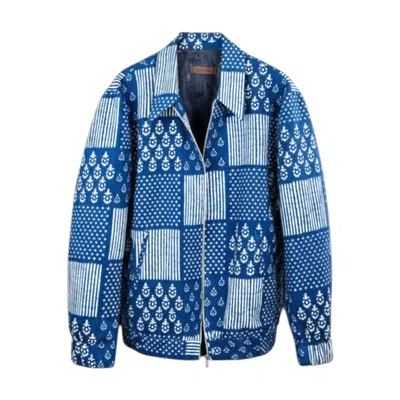 Stovaria Men's Blue Indigo Handprinted Bomber Jacket - Casual Outerwear Jacket With Kangaroo Pocket In Blue