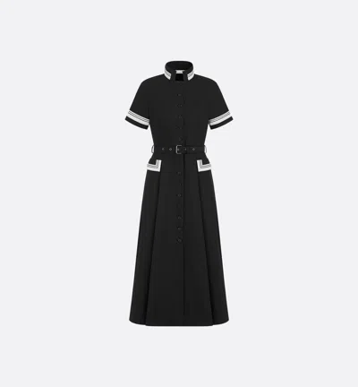 Dior Short Sleeve Dress Belted Waist Contrast Trim In Black