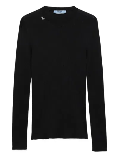 Prada Textured Wool Crewneck Sweater With Long Sleeves In Black