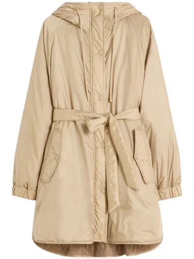 Weekend Max Mara Long Hooded Coat Quilted Belt And Pockets In Neutral