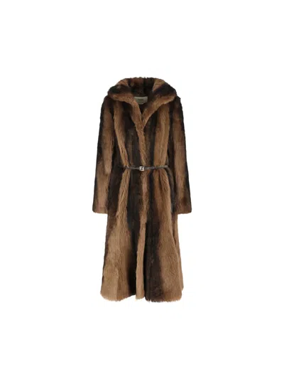 Fendi Single-breasted Shearling Coat In Brown
