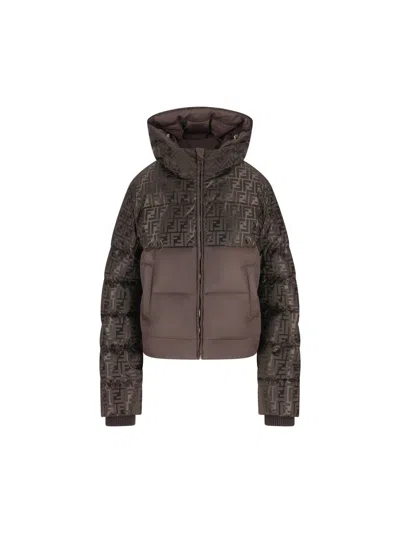 Fendi Down Jacket With Ff Jacquard Insert In Brown