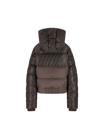 Fendi Down Jacket With Ff Jacquard Insert In Brown