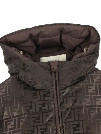 Fendi Down Jacket With Ff Jacquard Insert In Brown