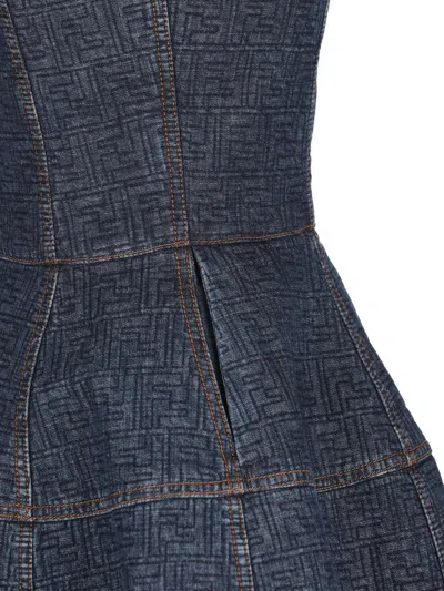 Fendi Ff Denim Dress Fitted Bodice Straps In Blue