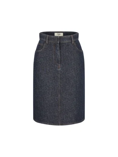 Fendi Flared Midi Denim Skirt With All-over Quilted Ff Motif Clothing In Blue