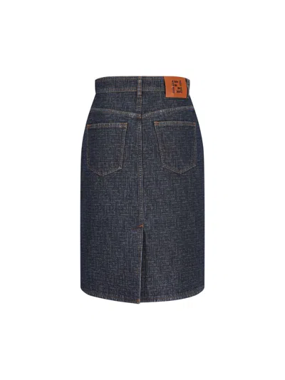 Fendi Flared Midi Denim Skirt With All-over Quilted Ff Motif Clothing In Blue