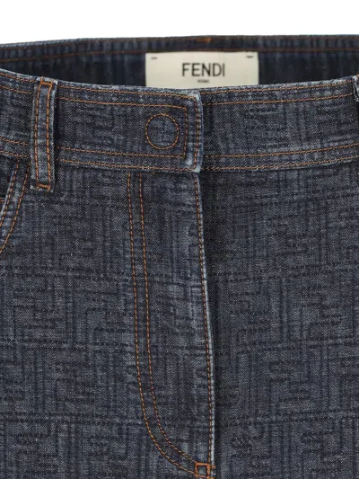Fendi Flared Midi Denim Skirt With All-over Quilted Ff Motif Clothing In Blue