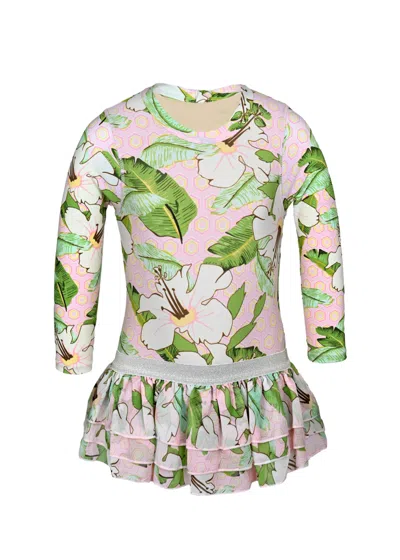 Shade Critters Hibiscus Botanical Pink Girls Long Sleeve One Piece &amp; Tutu Swimsuit Set In Multi