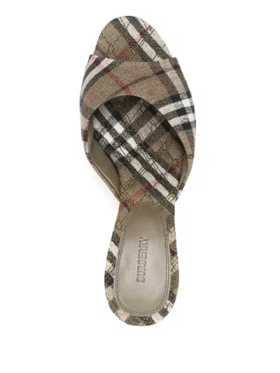Burberry Check Pattern Kitten Heel Mules With Peep Toe In Multi