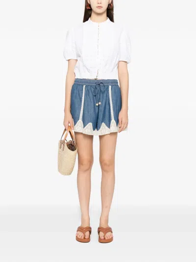 Zimmermann Awaken Lace-trimmed Denim Shorts In Blue