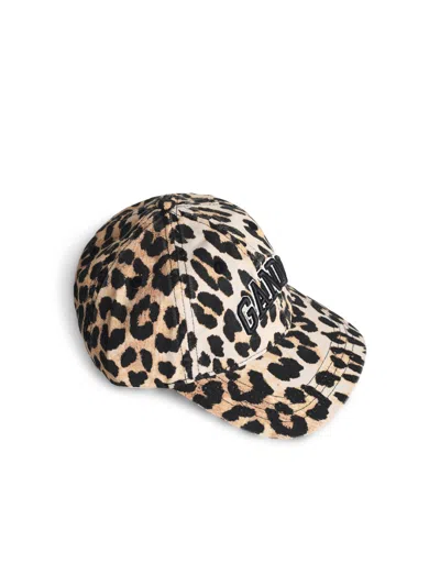 Ganni Logo-embroidered Leopard-print Canvas Cap In Multi