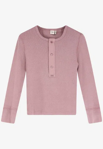 Chloé Fitted Henley Cotton Jersey Shirt Clothing In Pink