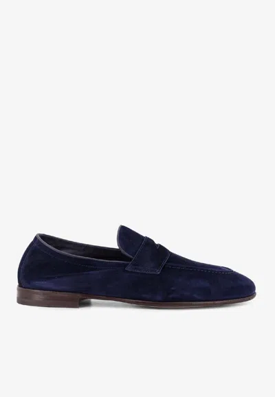 Brunello Cucinelli Suede Logo-embossed Loafers In Blue